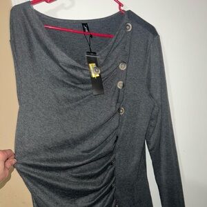 Chic Long Sleeve Gray Dress with Button Accents